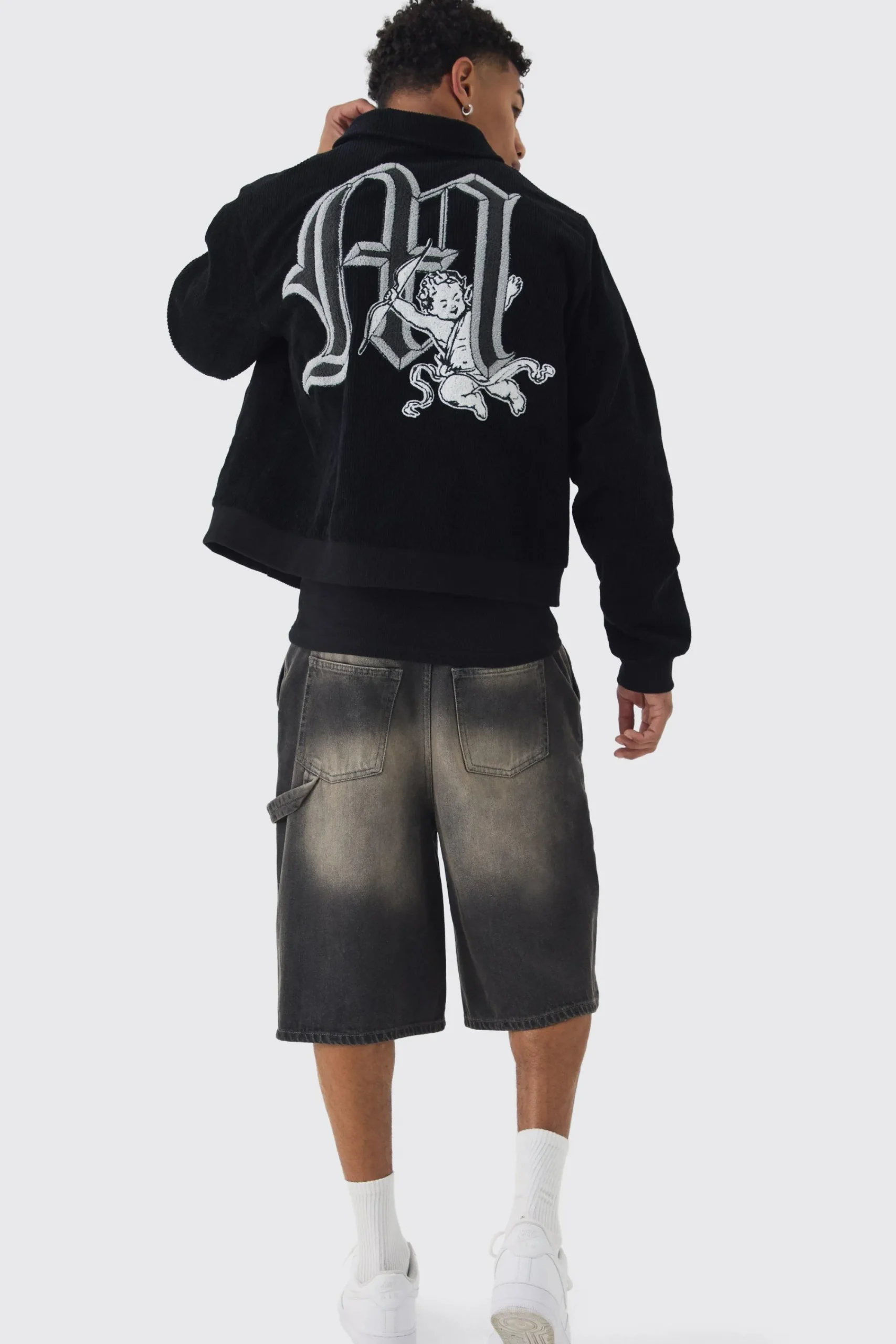 boohooMAN Cherub Badge Cord Zip Through Harrington In | UK| Coats & Jackets