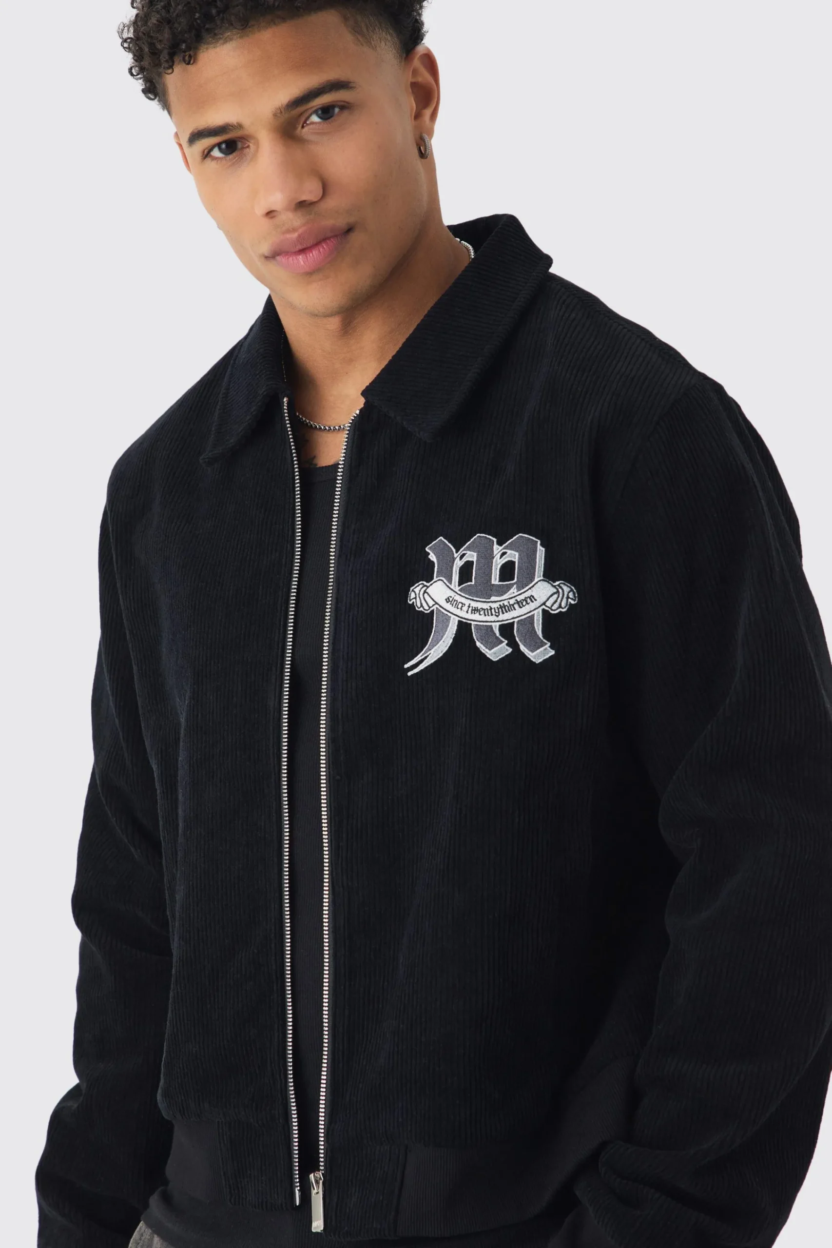 boohooMAN Cherub Badge Cord Zip Through Harrington In | UK| Coats & Jackets