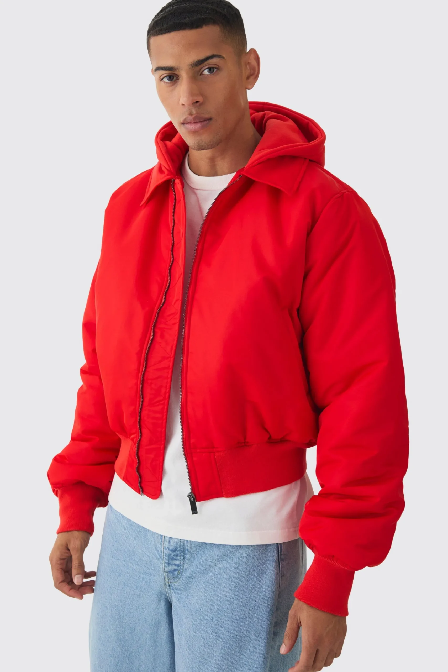 boohooMAN Colla Nylon Boxy Bomber With Jersey Hood In | UK| Coats & Jackets