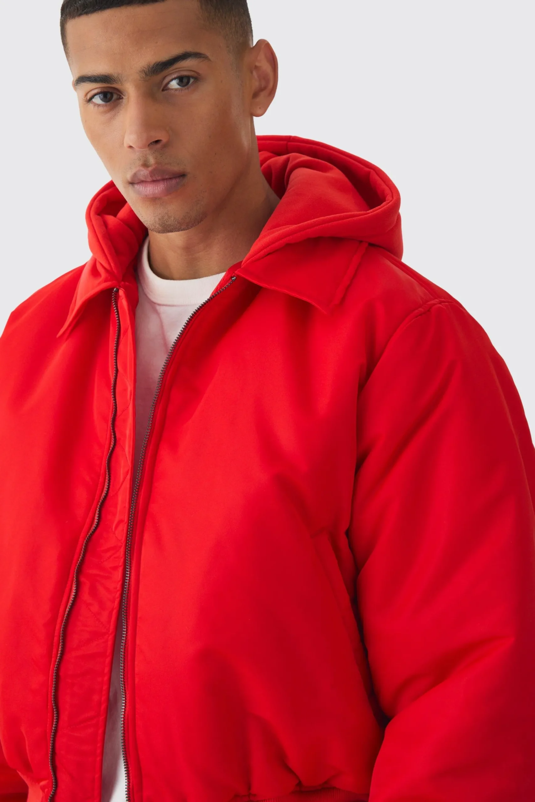 boohooMAN Colla Nylon Boxy Bomber With Jersey Hood In | UK| Coats & Jackets