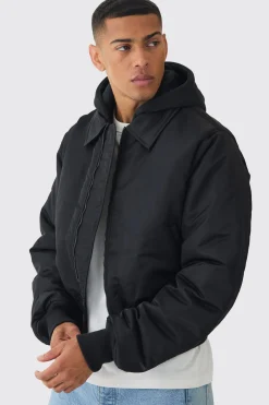 boohooMAN Collared Nylon Boxy Bomber With Jersey Hood In | UK| Coats & Jackets