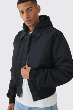 boohooMAN Collared Nylon Boxy Bomber With Jersey Hood In | UK| Coats & Jackets