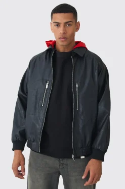 boohooMAN Collared Pu Bomber Jacket With Detachable Hood In | UK| Coats & Jackets