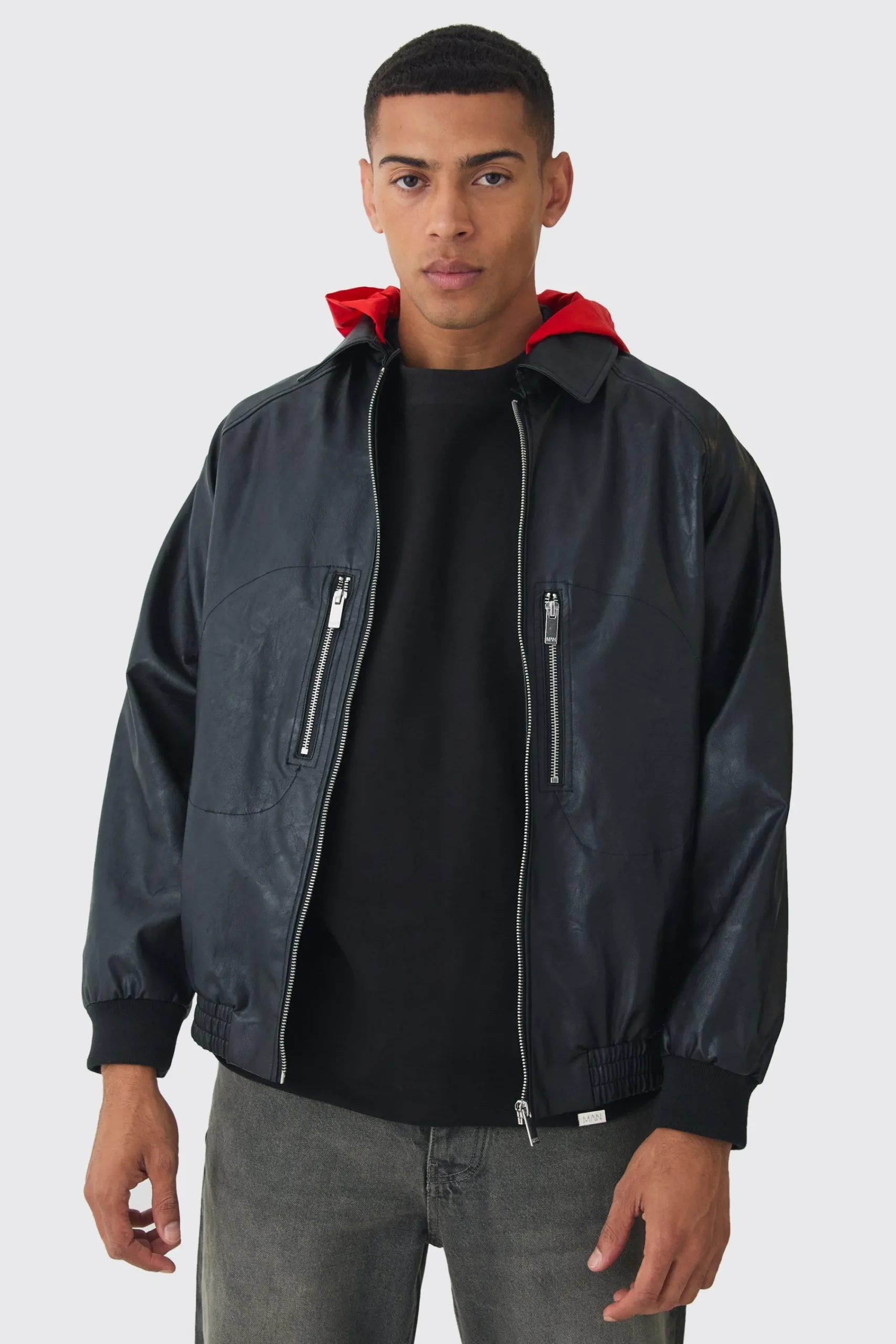 boohooMAN Collared Pu Bomber Jacket With Detachable Hood In | UK| Coats & Jackets