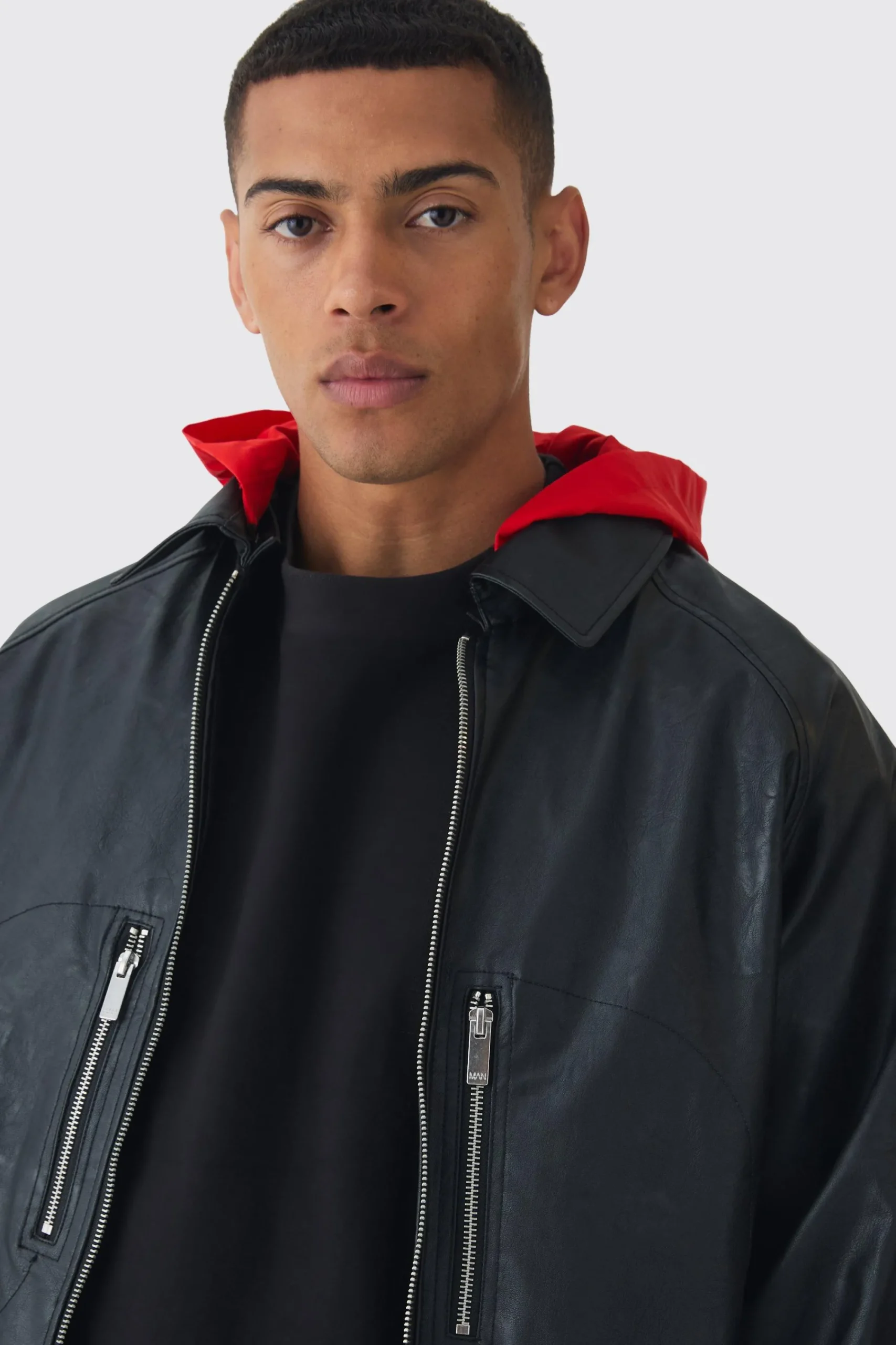 boohooMAN Collared Pu Bomber Jacket With Detachable Hood In | UK| Coats & Jackets