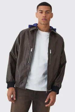 boohooMAN Collared Pu Bomber Jacket With Detachable Hood In | UK| Coats & Jackets