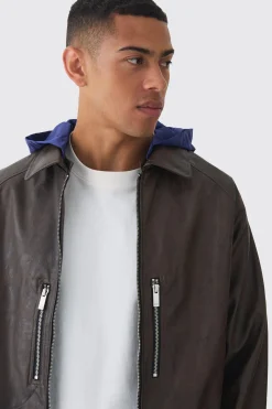 boohooMAN Collared Pu Bomber Jacket With Detachable Hood In | UK| Coats & Jackets