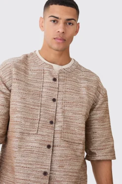 boohooMAN Collarless Drop Shoulder Oversized Boucle Shirt | UK| Shirts