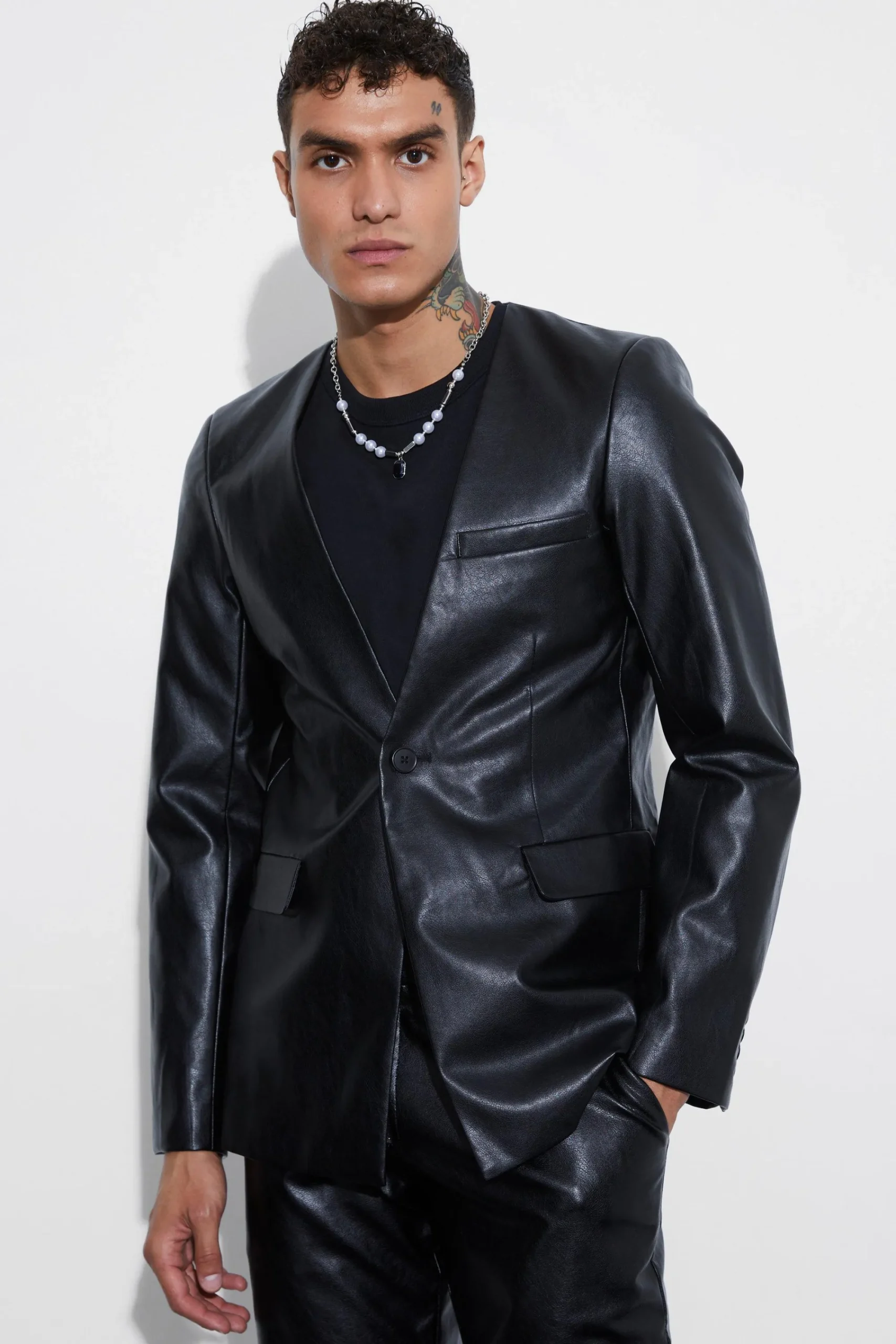 boohooMAN Collarless Pu Slim Fit Suit Jacket | UK| Suits & Tailoring