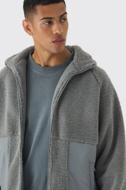 boohooMAN Colour Block Borg And Nylon Jacket In | UK| Coats & Jackets