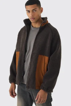 boohooMAN Colour Block Borg And Nylon Jacket In | UK| Coats & Jackets