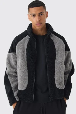 boohooMAN Colour Block Borg Jacket In | UK| Coats & Jackets