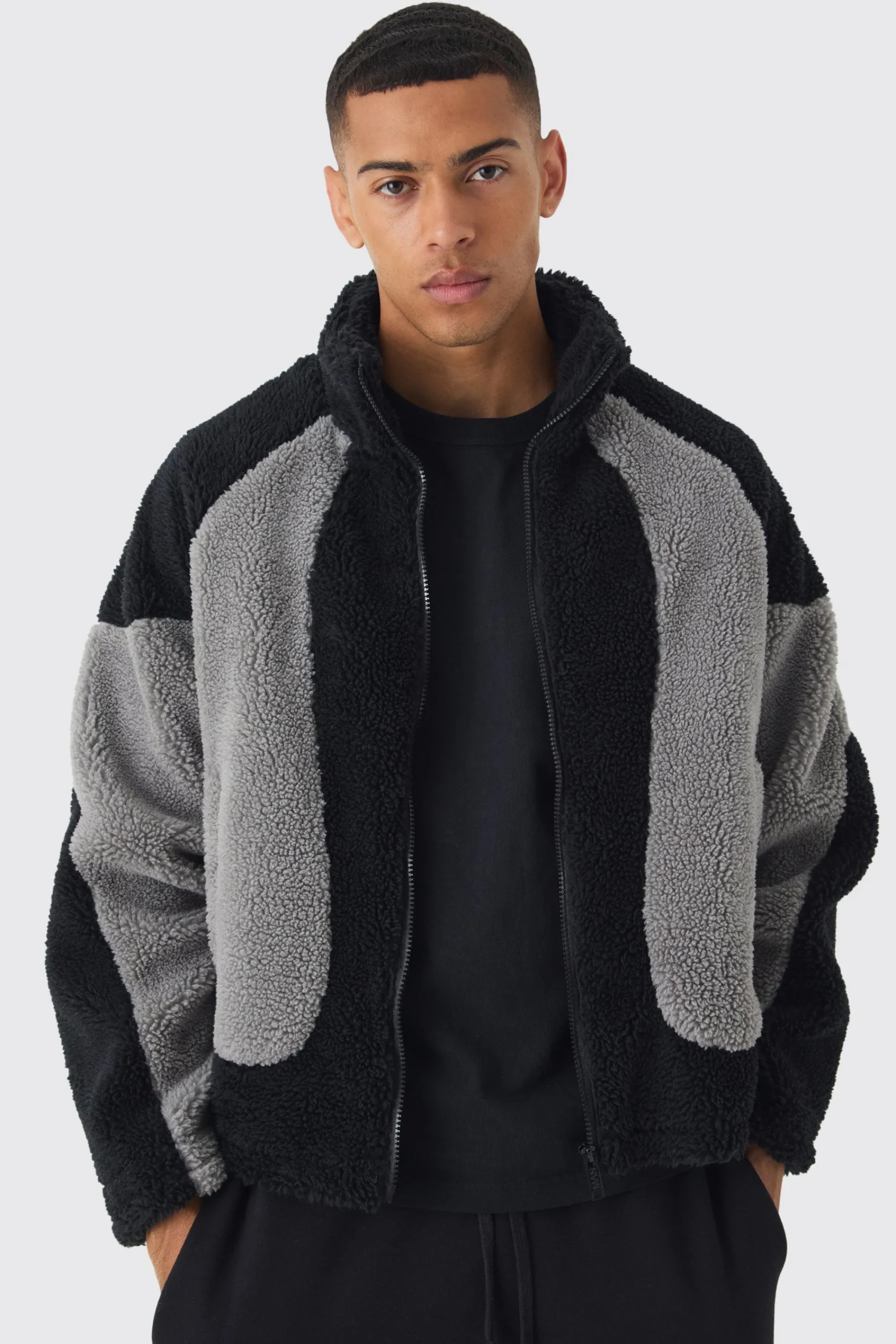 boohooMAN Colour Block Borg Jacket In | UK| Coats & Jackets