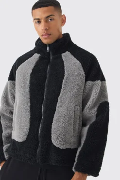 boohooMAN Colour Block Borg Jacket In | UK| Coats & Jackets