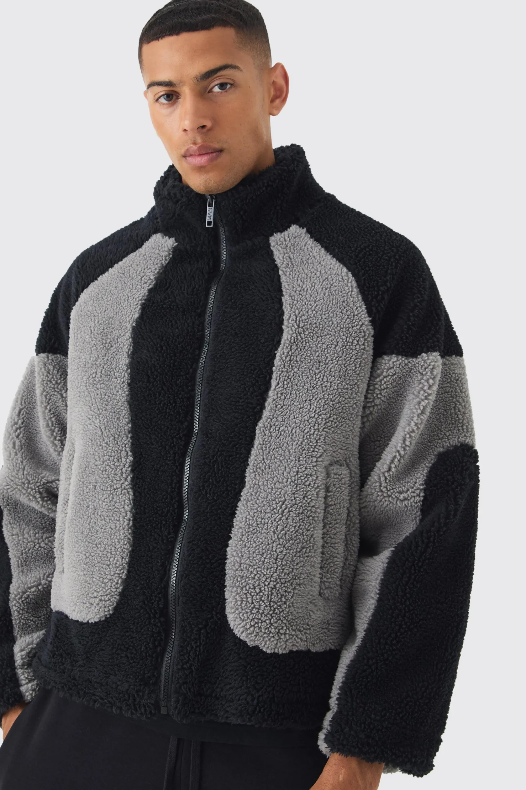 boohooMAN Colour Block Borg Jacket In | UK| Coats & Jackets