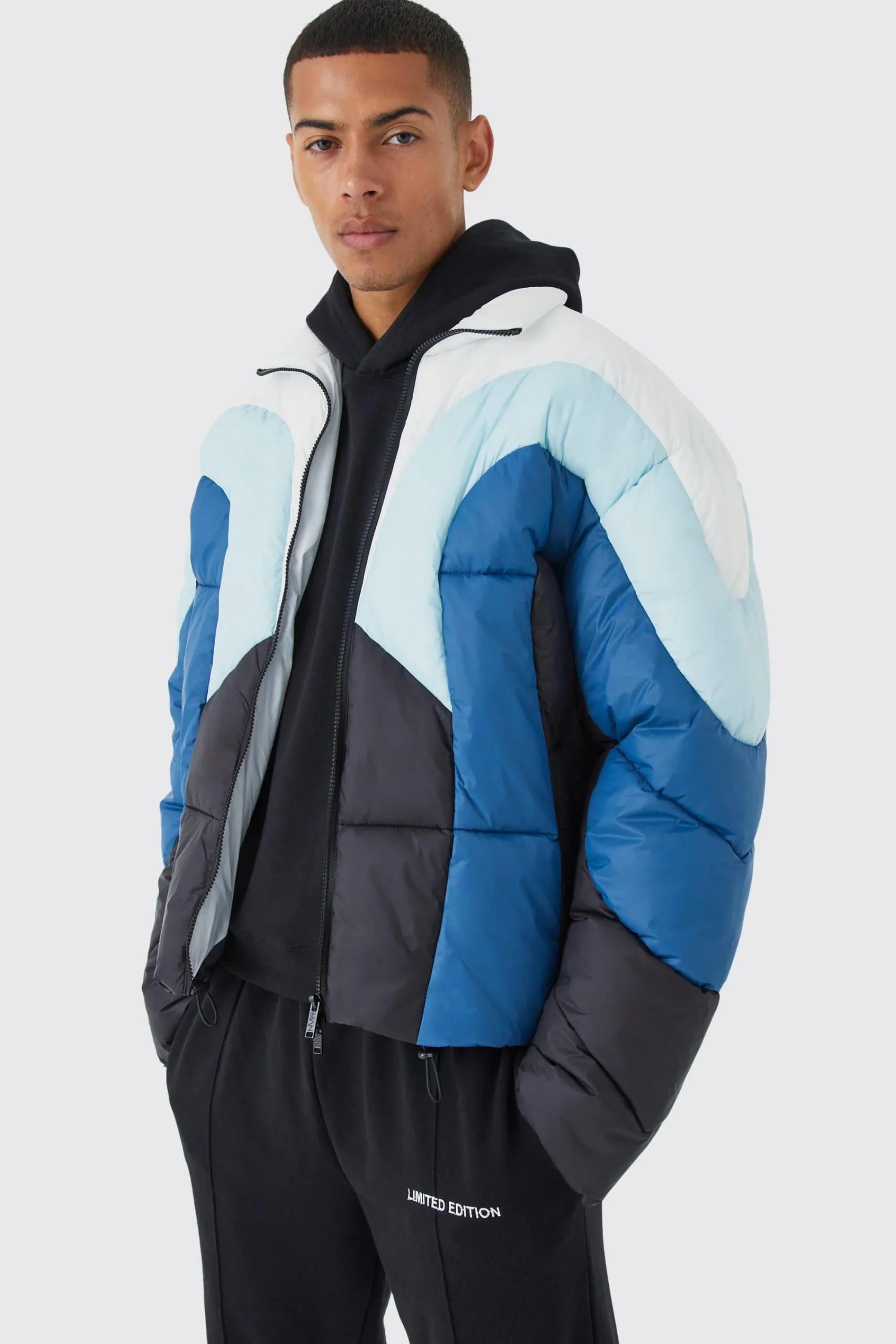 boohooMAN Colour Block Curved Panel Puffer | UK| Coats & Jackets