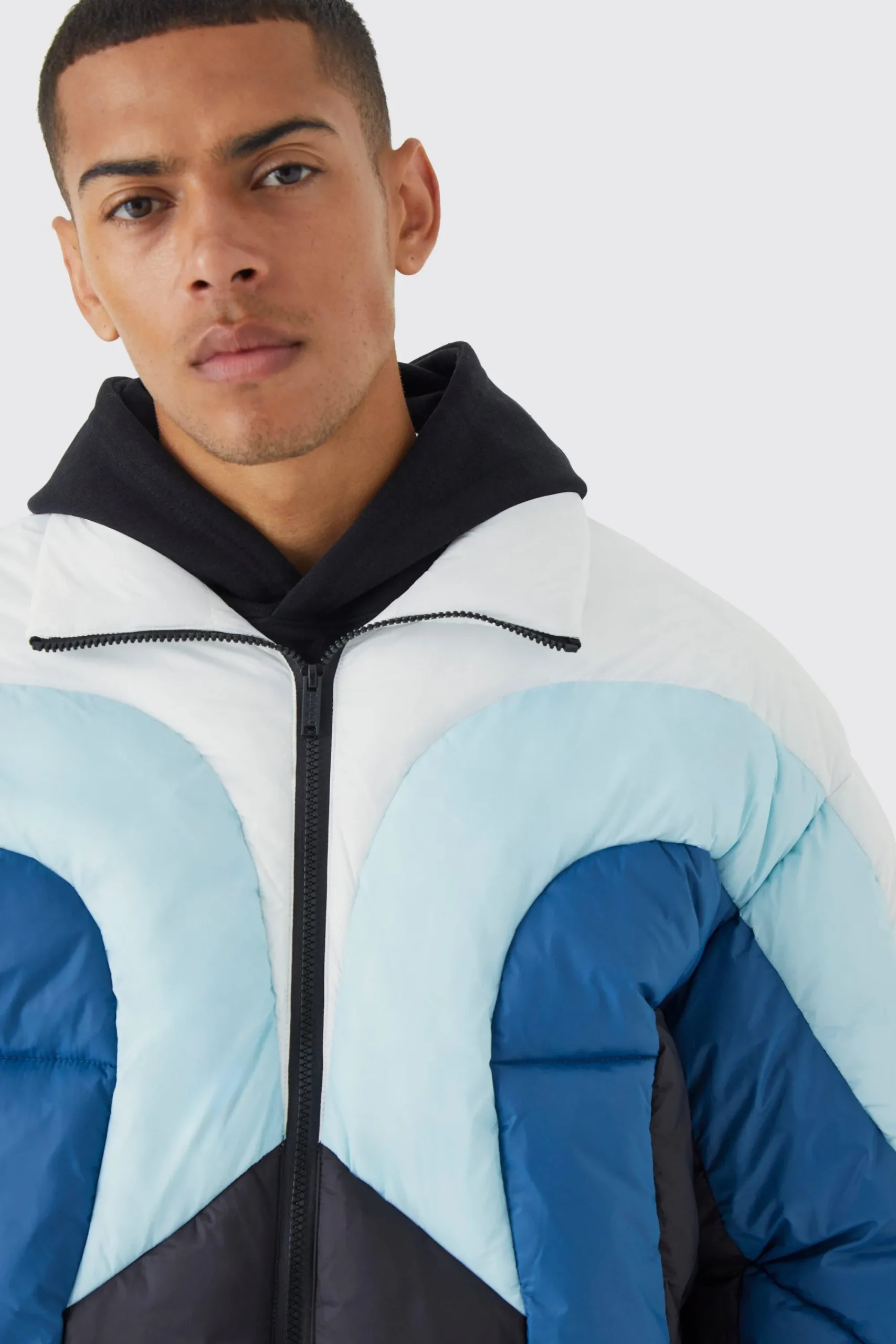 boohooMAN Colour Block Curved Panel Puffer | UK| Coats & Jackets