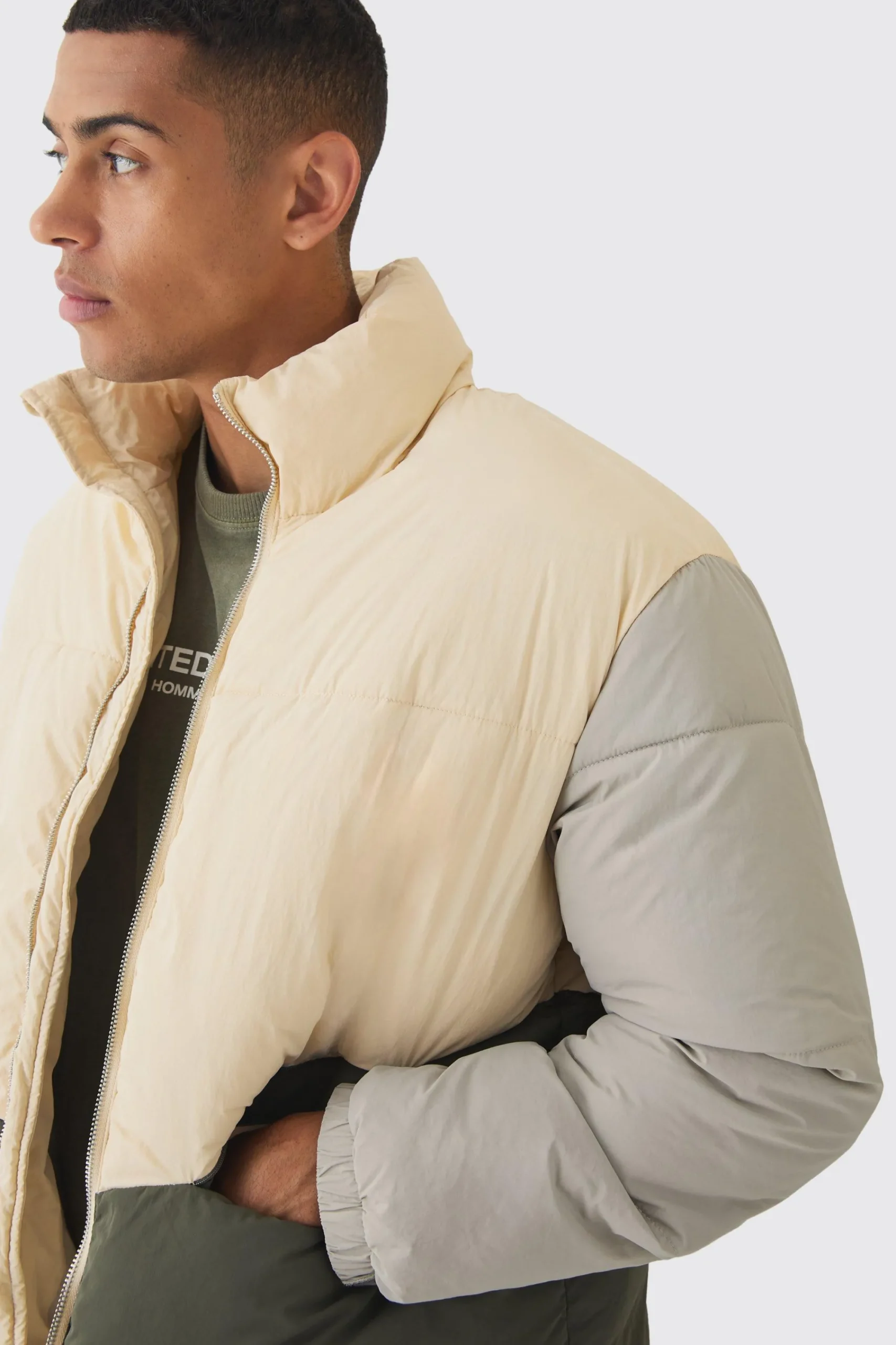 boohooMAN Colour Block Funnel Neck Puffer In | UK| Coats & Jackets