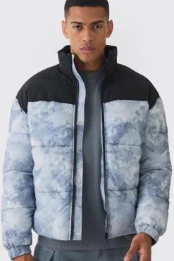 boohooMAN Colour Block Printed Funnel Neck Puffer Coat In | UK| Coats & Jackets