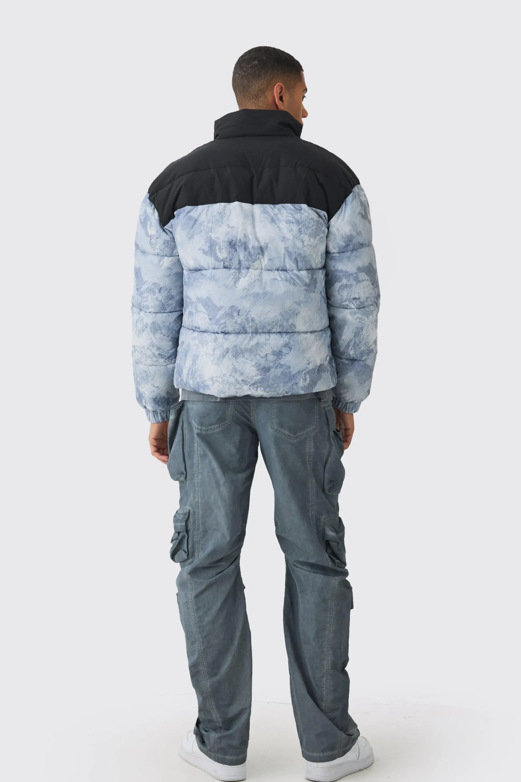 boohooMAN Colour Block Printed Funnel Neck Puffer Coat In | UK| Coats & Jackets
