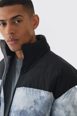 boohooMAN Colour Block Printed Funnel Neck Puffer Coat In | UK| Coats & Jackets