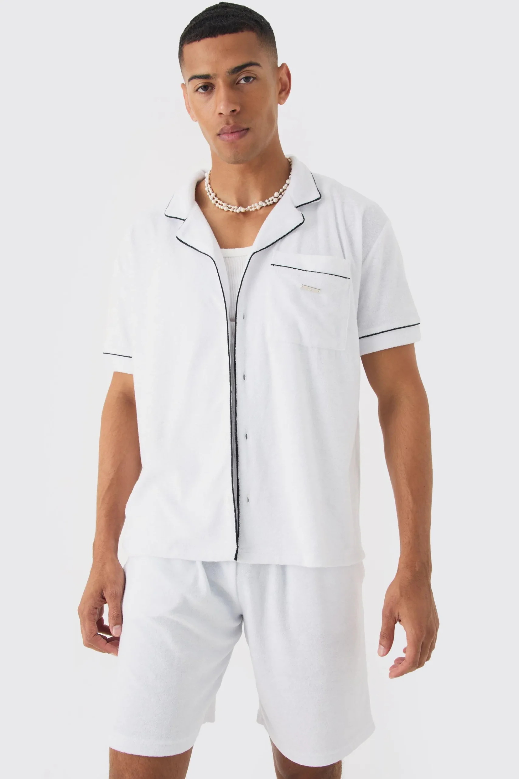 boohooMAN Contrast Piping Towelling Shirt And Short Set | UK| Sets & Co-Ords