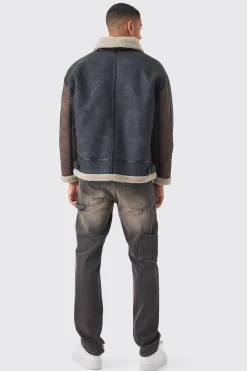 boohooMAN Contrast Sleeve Borg Aviator Jacket In | UK| Coats & Jackets