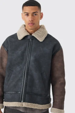 boohooMAN Contrast Sleeve Borg Aviator Jacket In | UK| Coats & Jackets