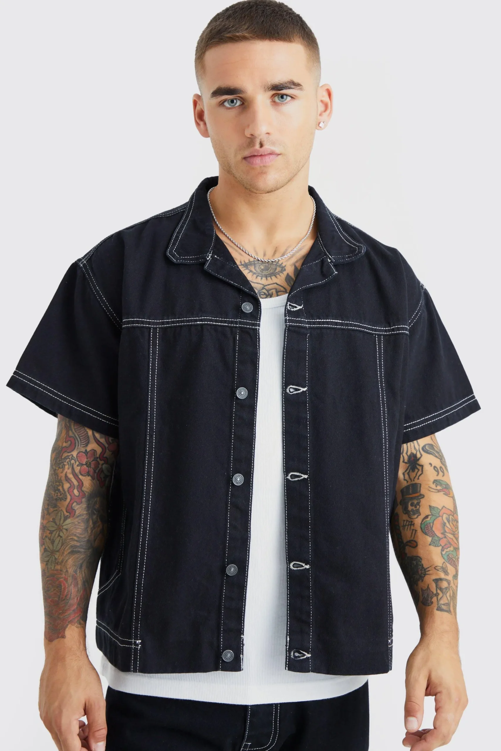 boohooMAN Contrast Stitch Shirt And Jeans Set | UK| Sets & Co-Ords