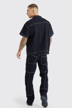 boohooMAN Contrast Stitch Shirt And Jeans Set | UK| Sets & Co-Ords