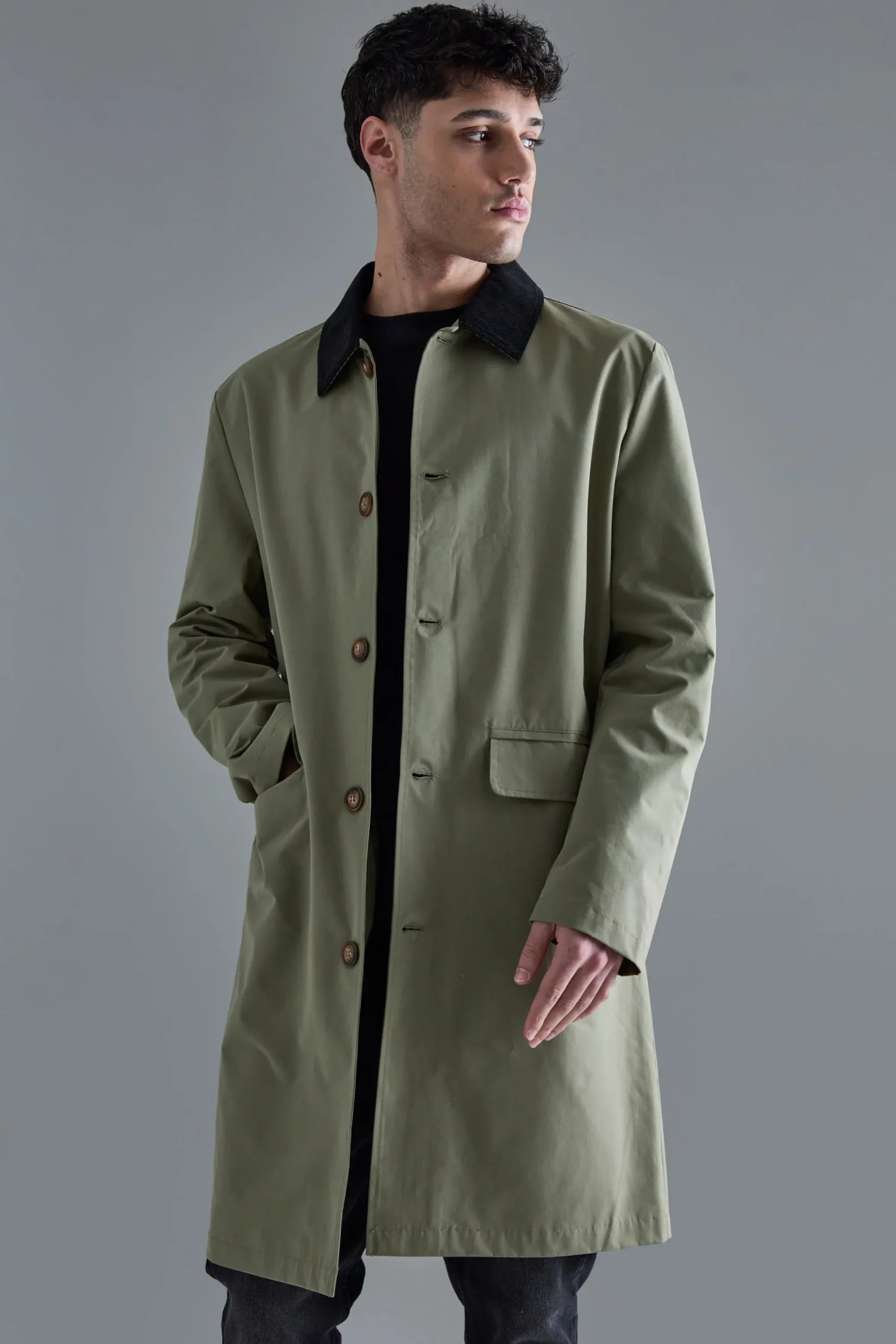 boohooMAN Cord Collar Button Through Mac | UK| Coats & Jackets