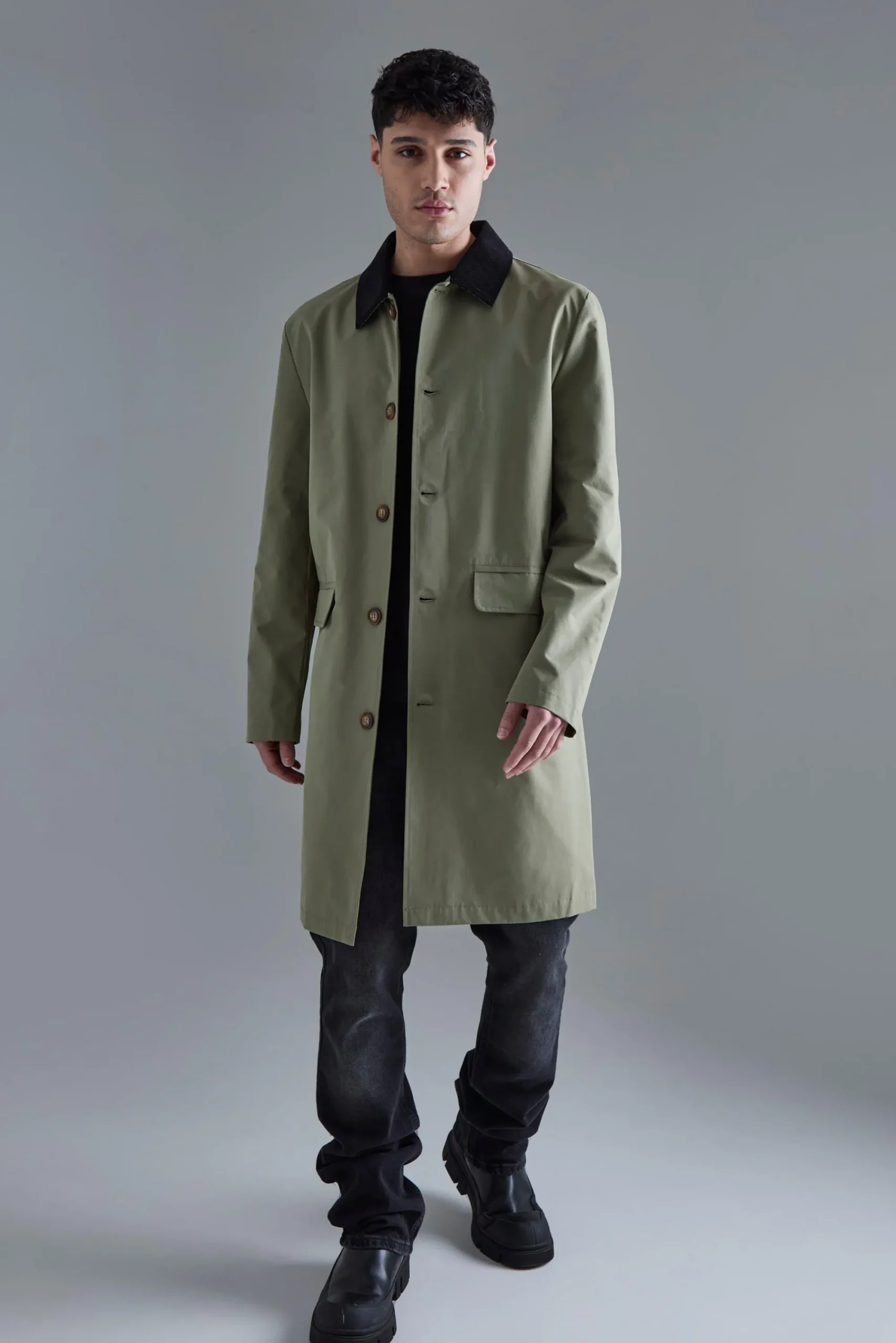 boohooMAN Cord Collar Button Through Mac | UK| Coats & Jackets