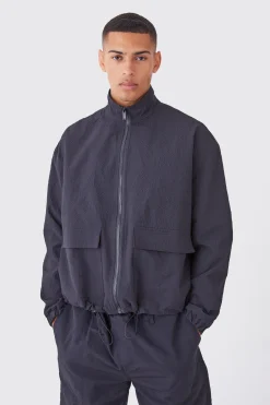 boohooMAN Crinkle Nylon Zip Through Harrington | UK| Coats & Jackets
