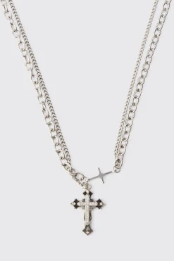 boohooMAN Cross Pendant Multi Layer Necklace | UK| Jewellery & Watches