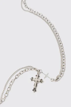 boohooMAN Cross Pendant Multi Layer Necklace | UK| Jewellery & Watches