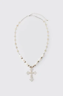 boohooMAN Cross Pendant Pearl And Metal Bead Necklace | UK| Jewellery & Watches