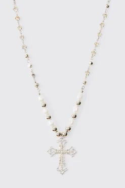 boohooMAN Cross Pendant Pearl And Metal Bead Necklace | UK| Jewellery & Watches