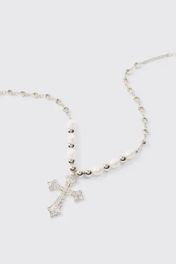 boohooMAN Cross Pendant Pearl And Metal Bead Necklace | UK| Jewellery & Watches