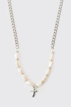 boohooMAN Cross Pendant Pearl Necklace | UK| Jewellery & Watches