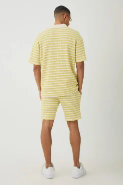 boohooMAN Deep V Revere Textured Stripe Polo Shirt & Shorts Set | UK| Tracksuits