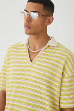 boohooMAN Deep V Revere Textured Stripe Polo Shirt & Shorts Set | UK| Tracksuits