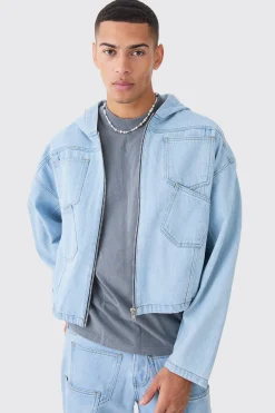 boohooMAN Denim Boxy Fit Acid Wash Detail Hoodie | UK| Coats & Jackets
