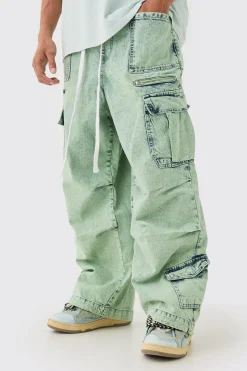 boohooMAN Denim Parachute Elasticated Waist Overdyed Acid Washed Cargo Jeans In | UK| Trousers|Jeans