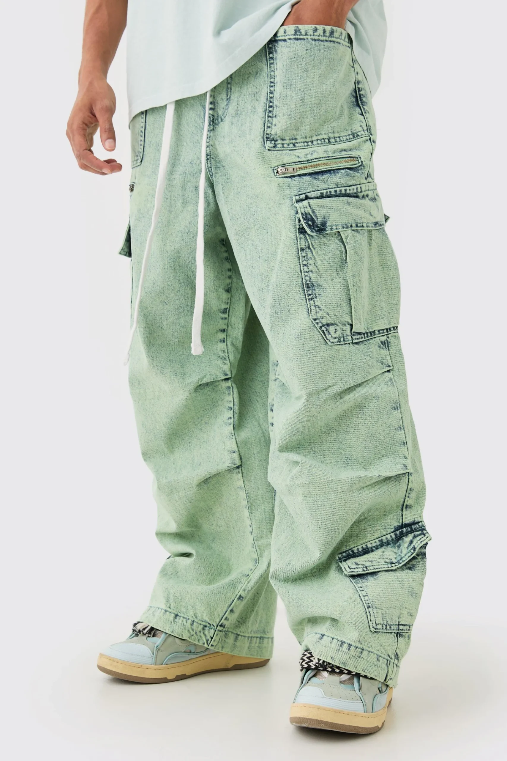 boohooMAN Denim Parachute Elasticated Waist Overdyed Acid Washed Cargo Jeans In | UK| Trousers|Jeans