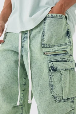 boohooMAN Denim Parachute Elasticated Waist Overdyed Acid Washed Cargo Jeans In | UK| Trousers|Jeans