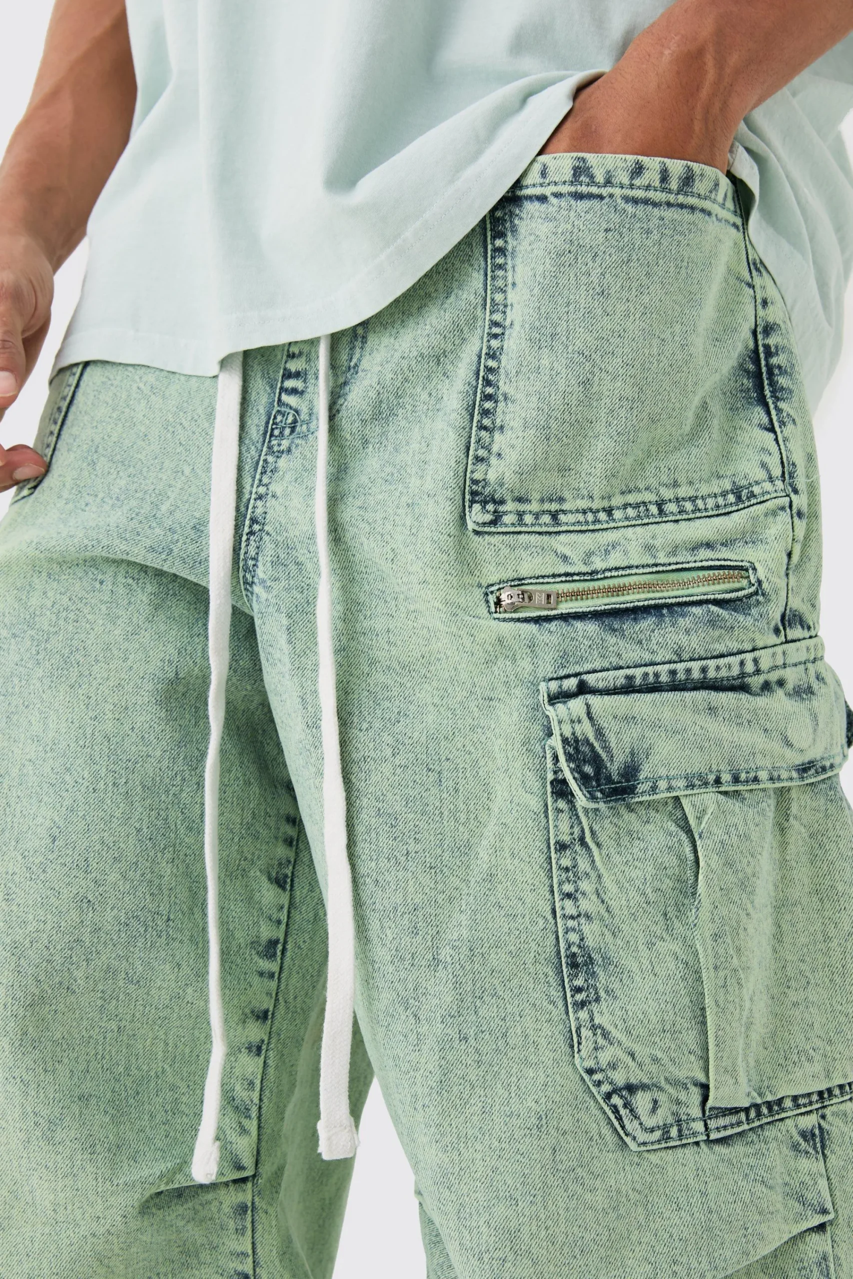 boohooMAN Denim Parachute Elasticated Waist Overdyed Acid Washed Cargo Jeans In | UK| Trousers|Jeans