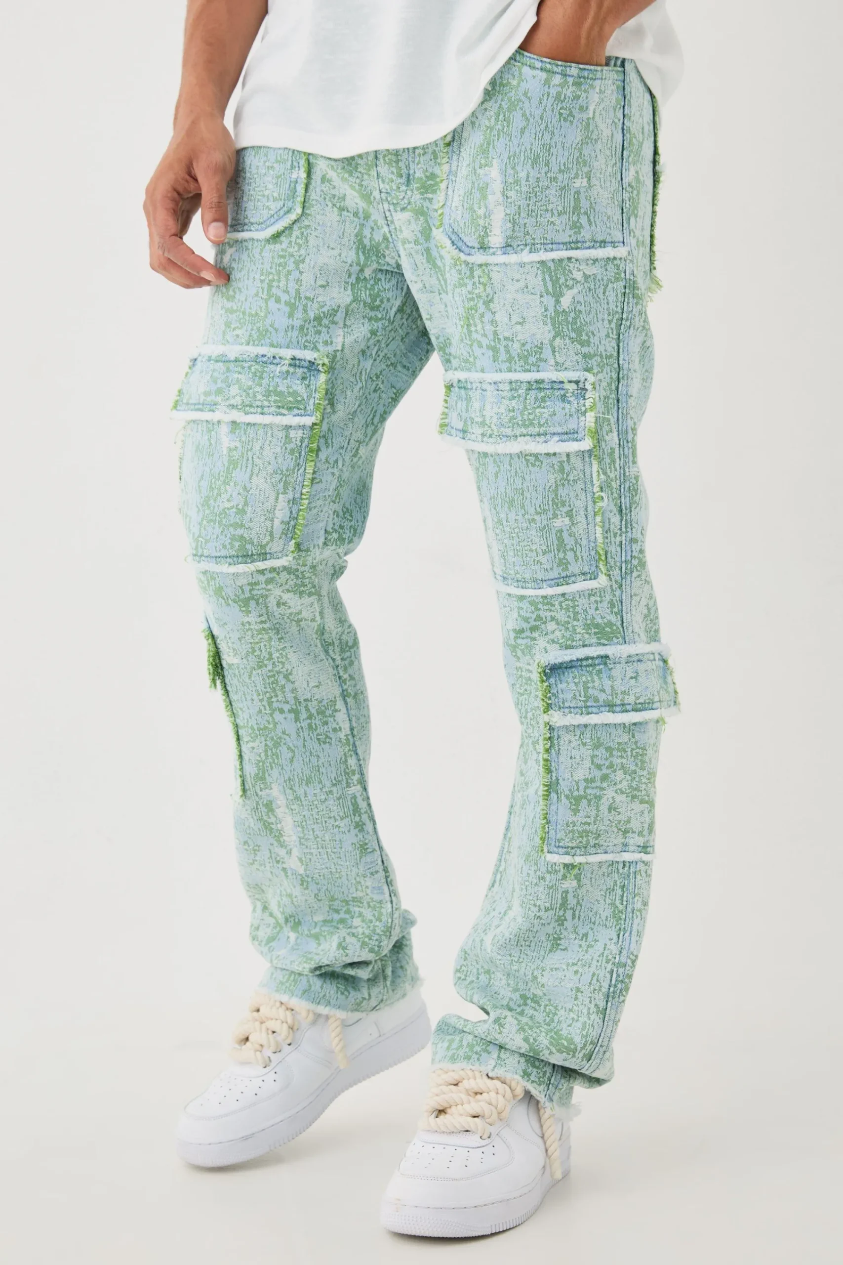 boohooMAN Denim Tapestry Stacked Cargo Flared Jeans | UK| Trousers|Jeans