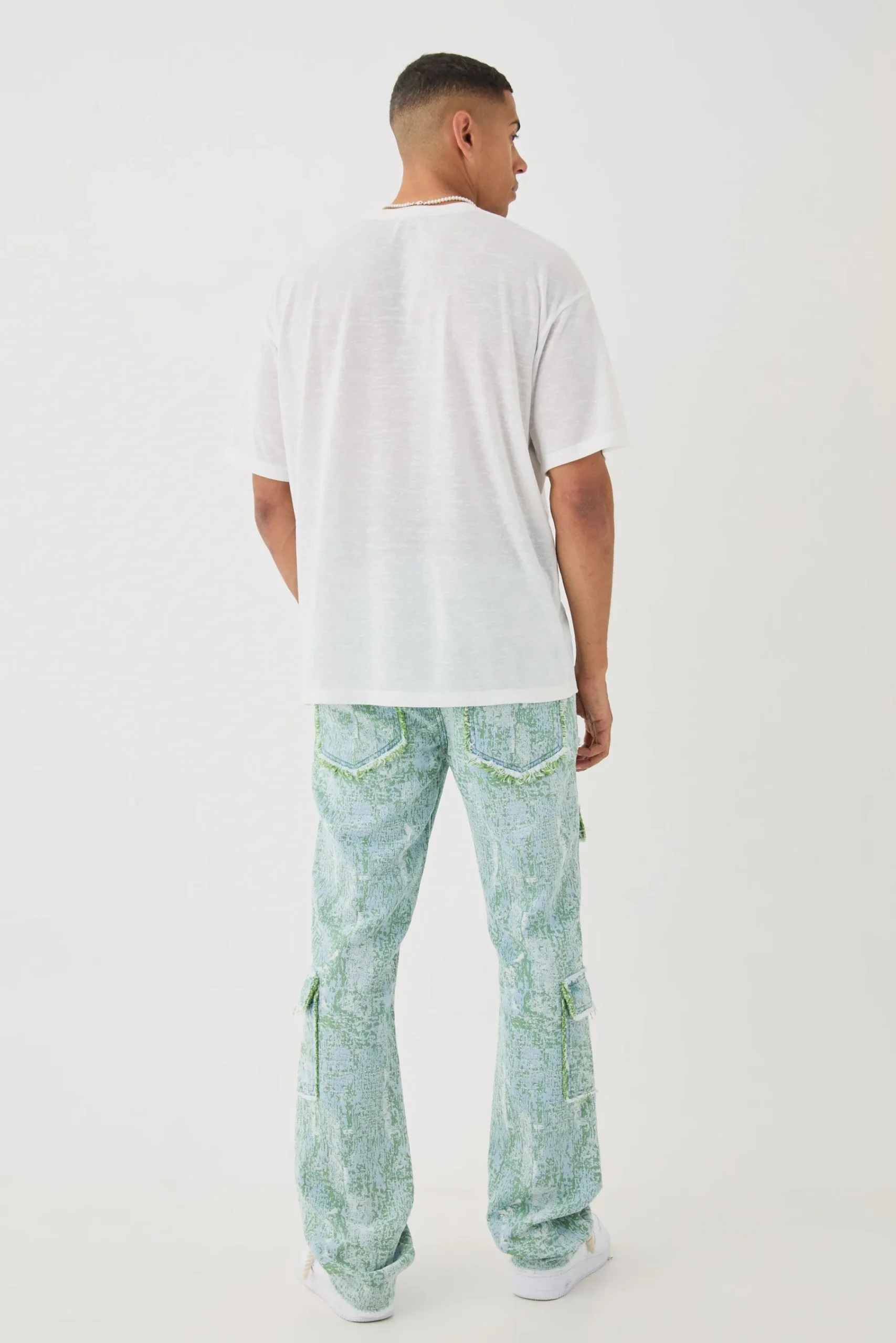 boohooMAN Denim Tapestry Stacked Cargo Flared Jeans | UK| Trousers|Jeans