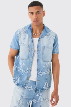 boohooMAN Distressed Cross Applique Denim Revere Shirt In | UK| Shirts