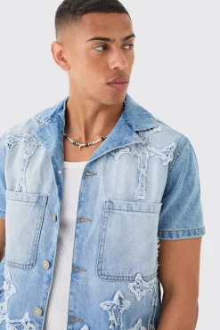 boohooMAN Distressed Cross Applique Denim Revere Shirt In | UK| Shirts